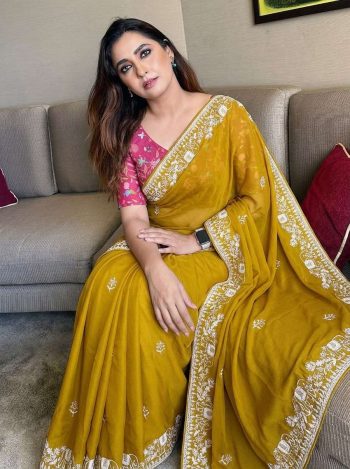 DESIGNER RANGOLI SILK EMBROIDERY WORK BORDER WITH PIPING SAREE WITH UNSTITCHED BLOUSE YELLOW