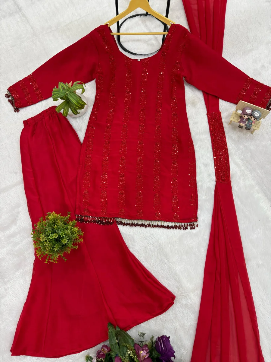 DESIGNER RANGOLI SILK EMBROIDERY WORK WITH FANCY LACE WORK TOP PALAZZO WITH DUPATTA FESTIVE WEAR WHOLESALE PRICE ETHNIC GARMENT (12)