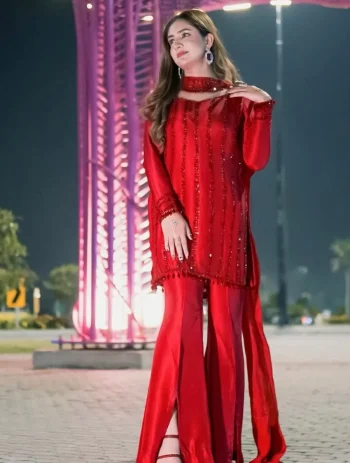 DESIGNER RANGOLI SILK EMBROIDERY WORK WITH FANCY LACE WORK TOP PALAZZO WITH DUPATTA RED