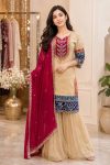 DESIGNER RANGOLI SILK EMBROIDERY WORK WITH FANCY LACE WORK TOP SHARARA WITH DUPATTA CREAM AND PINK