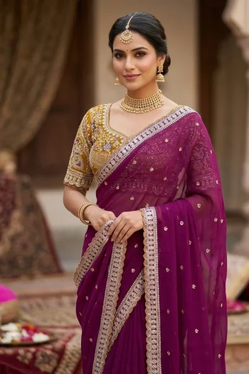 DESIGNER RANGOLI SILK SEQUENCE AND ZARI EMBROIDERY WITH MULTI ARC BORDER WORK SAREE WITH STITCHED BLOUSE WINE
