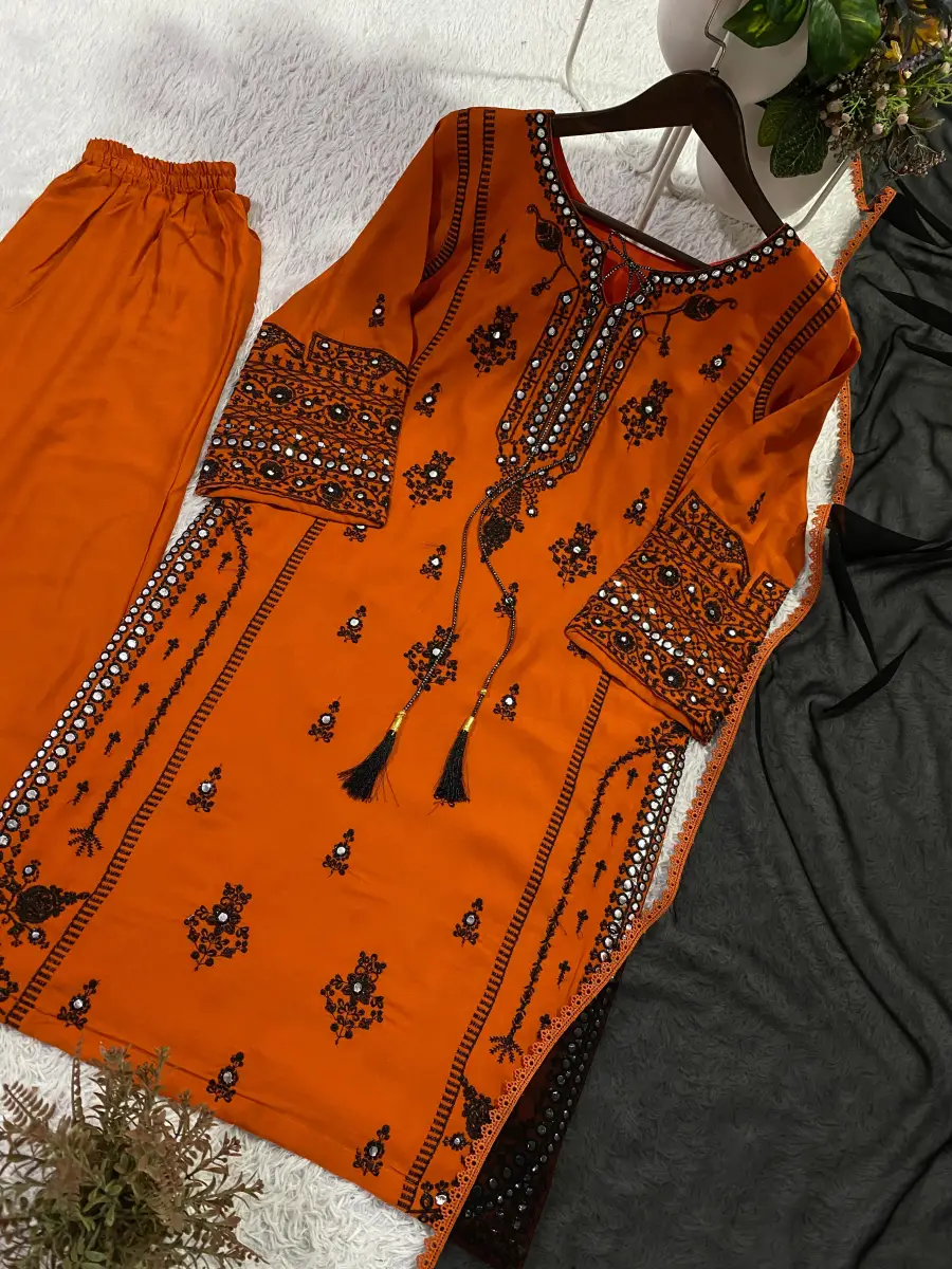 DESIGNER RAYON EMBROIDERY WORK WITH PAPER WORK MIRROR EFFECT WORK TOP PALAZZO WITH DUPATTA FESTIVE WEAR WHOLESALE PRICE ETHNIC GARMENT (1)