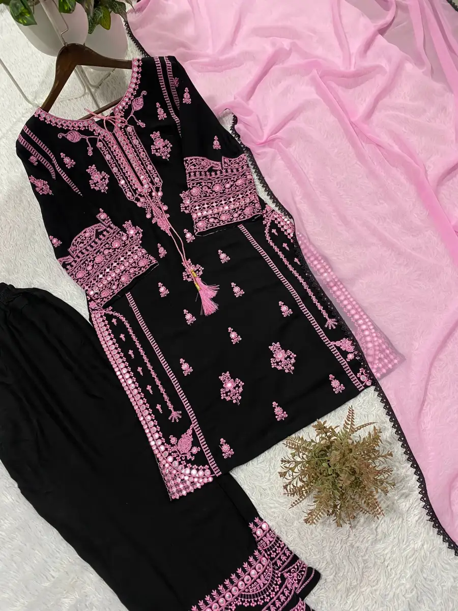 DESIGNER RAYON EMBROIDERY WORK WITH PAPER WORK MIRROR EFFECT WORK TOP PALAZZO WITH DUPATTA FESTIVE WEAR WHOLESALE PRICE ETHNIC GARMENT (1)