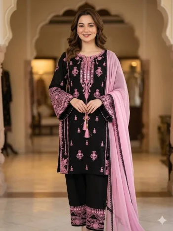 DESIGNER RAYON EMBROIDERY WORK WITH PAPER WORK MIRROR EFFECT WORK TOP PALAZZO WITH DUPATTA BLACK AND BABY PINK