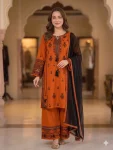 DESIGNER RAYON EMBROIDERY WORK WITH PAPER WORK MIRROR EFFECT WORK TOP PALAZZO WITH DUPATTA BLACK AND ORANGE