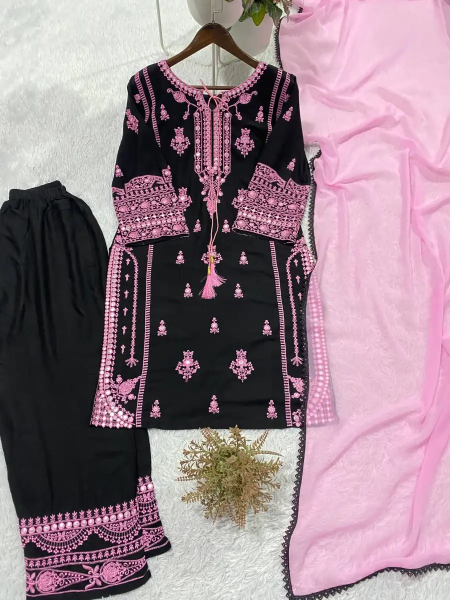 DESIGNER RAYON EMBROIDERY WORK WITH PAPER WORK MIRROR EFFECT WORK TOP PALAZZO WITH DUPATTA FESTIVE WEAR WHOLESALE PRICE ETHNIC GARMENT (5)