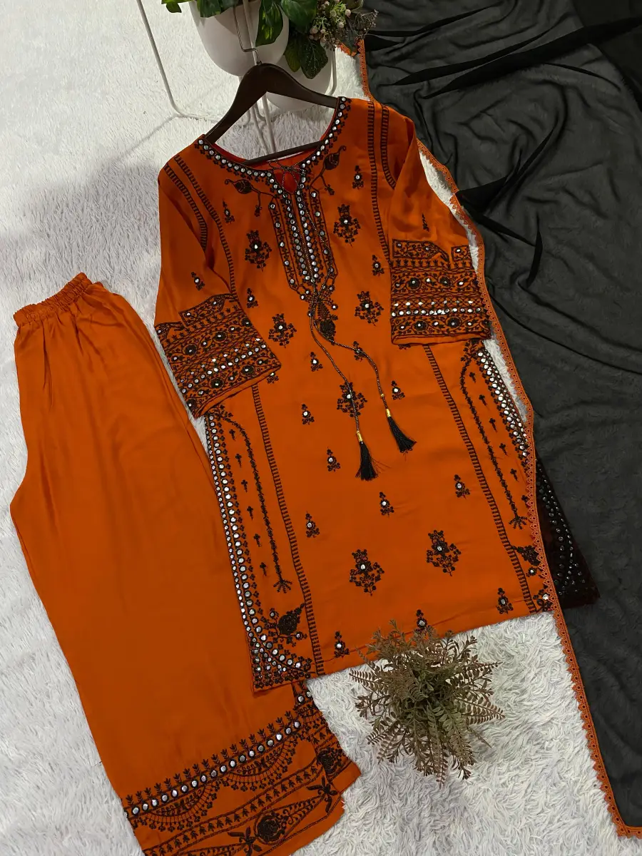 DESIGNER RAYON EMBROIDERY WORK WITH PAPER WORK MIRROR EFFECT WORK TOP PALAZZO WITH DUPATTA FESTIVE WEAR WHOLESALE PRICE ETHNIC GARMENT (6)