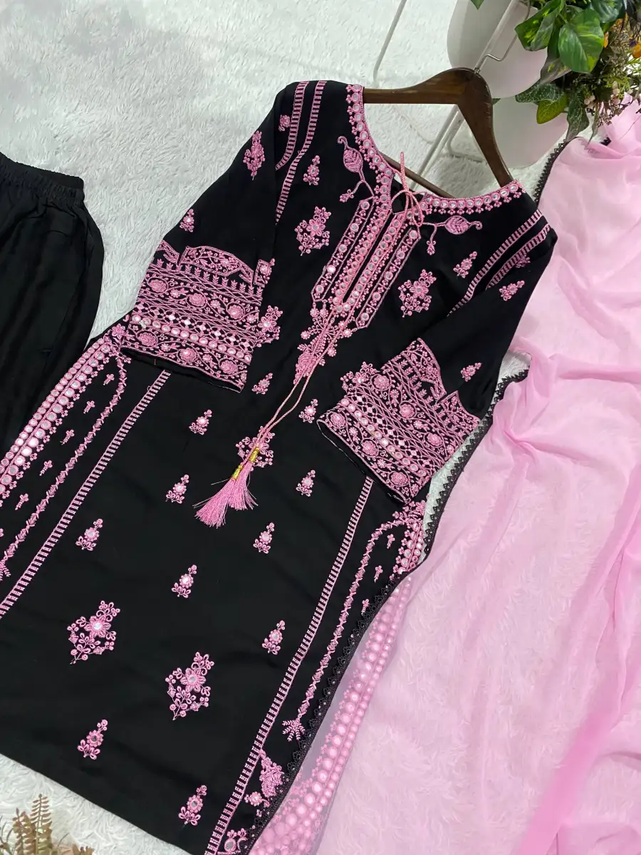 DESIGNER RAYON EMBROIDERY WORK WITH PAPER WORK MIRROR EFFECT WORK TOP PALAZZO WITH DUPATTA FESTIVE WEAR WHOLESALE PRICE ETHNIC GARMENT (7)