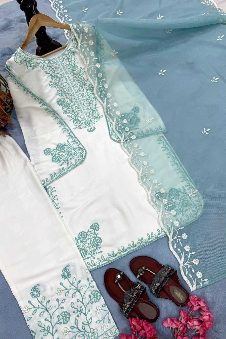 DESIGNER ROMAN GLASS EMBROIDERY THREAD WORK TOP PALAZZO WITH DUPATTA FESTIVE WEAR WHOLESALE PRICE ETHNIC GARMENT (16)