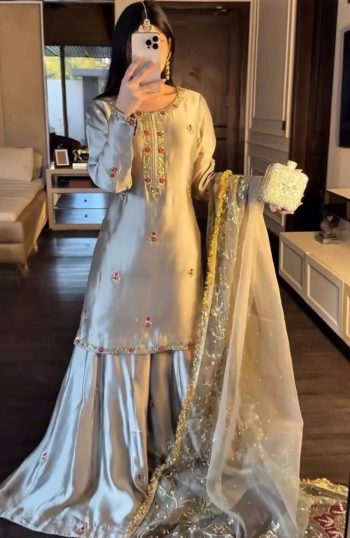 DESIGNER SATIN SILK THREAD WITH SEQUENCE WORK TOP PALAZZO WITH DUPATTA CREAM
