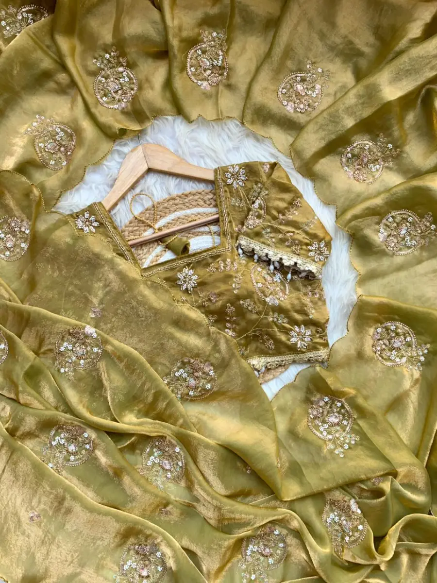 DESIGNER SPACE SILK EMBROIDERY BEADS WORK HEAVY BUTTA WITH TONE ARC WORK SAREE WITH STITCHED BLOUSE WEDDING WEAR WHOLESALE PRICE ETHNIC GARMENT (19)