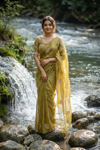 DESIGNER SPACE SILK EMBROIDERY BEADS WORK HEAVY BUTTA WITH TONE ARC WORK SAREE WITH STITCHED BLOUSE MEHNDI