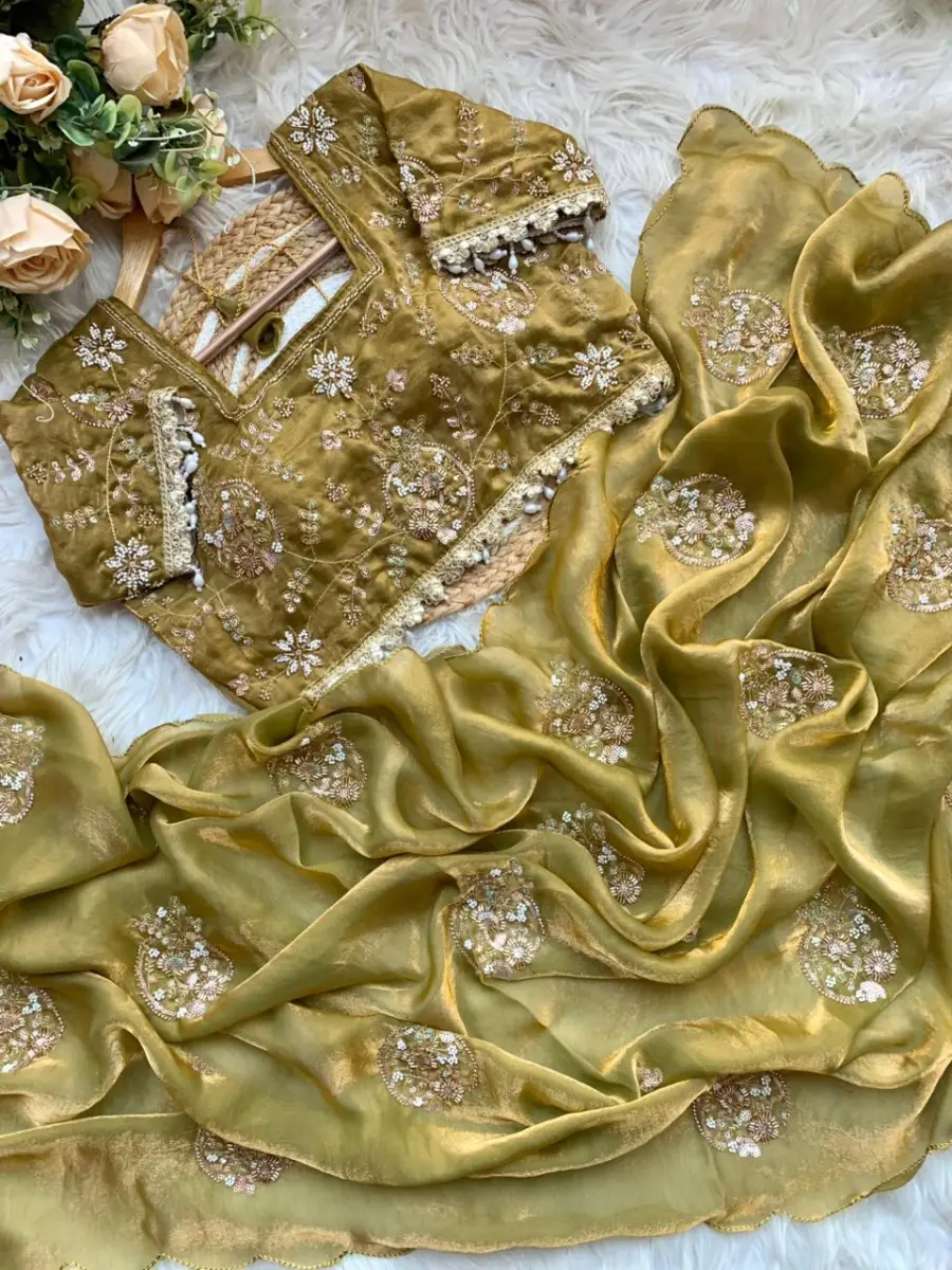 DESIGNER SPACE SILK EMBROIDERY BEADS WORK HEAVY BUTTA WITH TONE ARC WORK SAREE WITH STITCHED BLOUSE WEDDING WEAR WHOLESALE PRICE ETHNIC GARMENT (24)