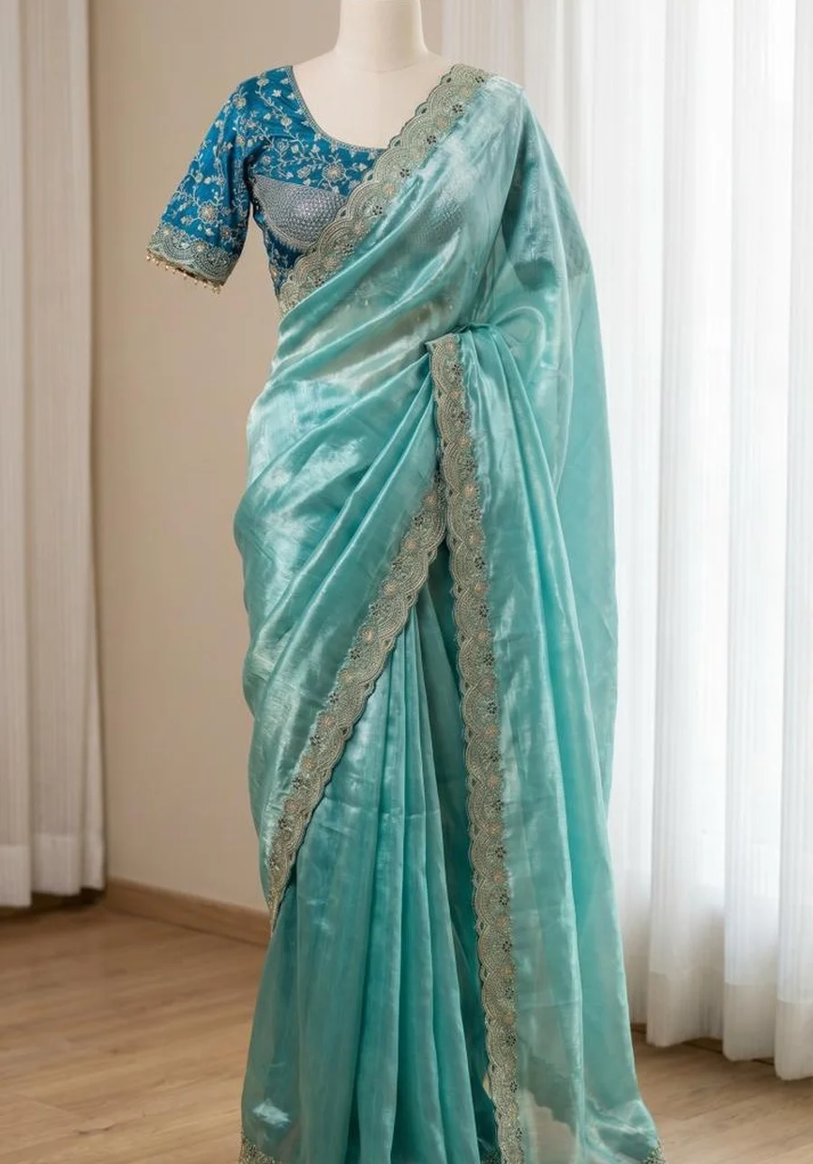 DESIGNER SPACE SILK EMBROIDERY THREAD WORK BORDER SAREE WITH STITCHED BLOUSE WEDDING WEAR WHOLESALE PRICE ETHNIC GARMENT (13)