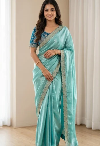 DESIGNER SPACE SILK EMBROIDERY THREAD WORK BORDER SAREE WITH STITCHED BLOUSE SKY