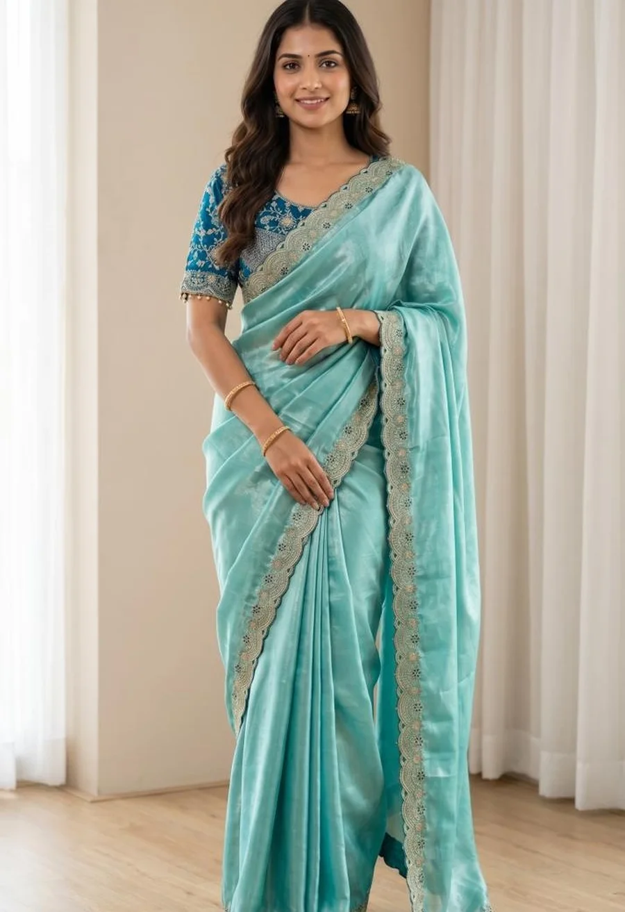 DESIGNER SPACE SILK EMBROIDERY THREAD WORK BORDER SAREE WITH STITCHED BLOUSE WEDDING WEAR WHOLESALE PRICE ETHNIC GARMENT (17)