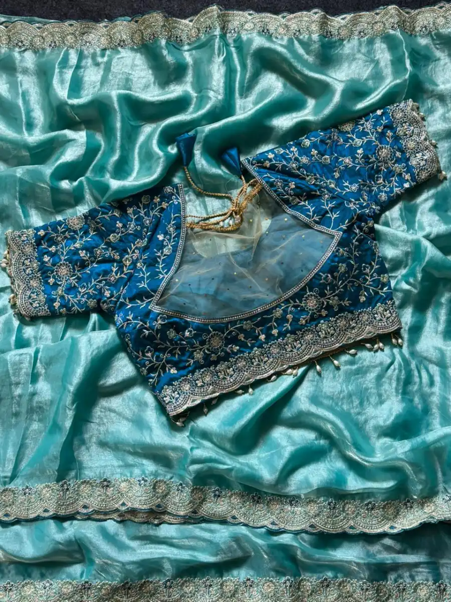 DESIGNER SPACE SILK EMBROIDERY THREAD WORK BORDER SAREE WITH STITCHED BLOUSE WEDDING WEAR WHOLESALE PRICE ETHNIC GARMENT (18)