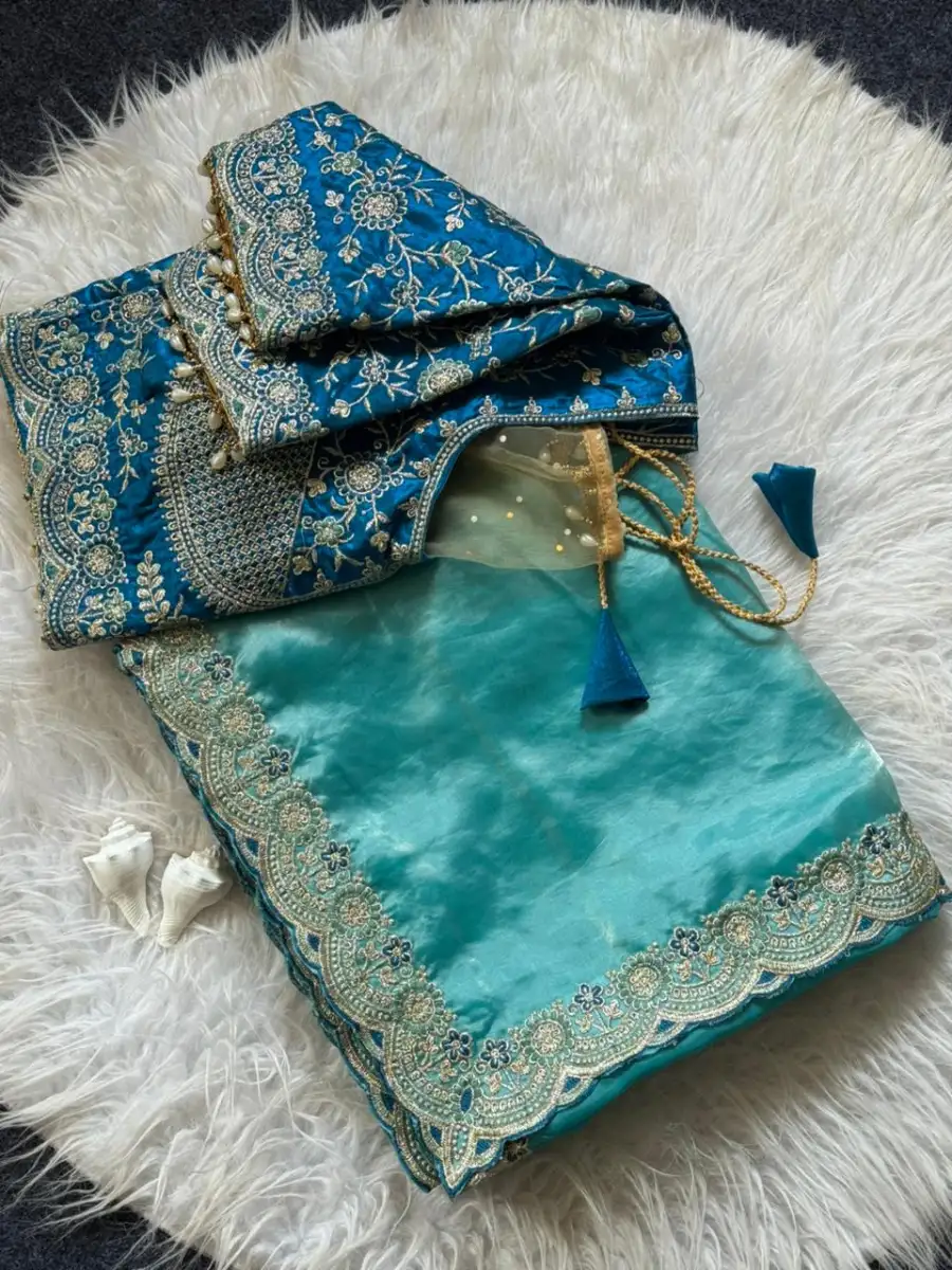 DESIGNER SPACE SILK EMBROIDERY THREAD WORK BORDER SAREE WITH STITCHED BLOUSE WEDDING WEAR WHOLESALE PRICE ETHNIC GARMENT (20)