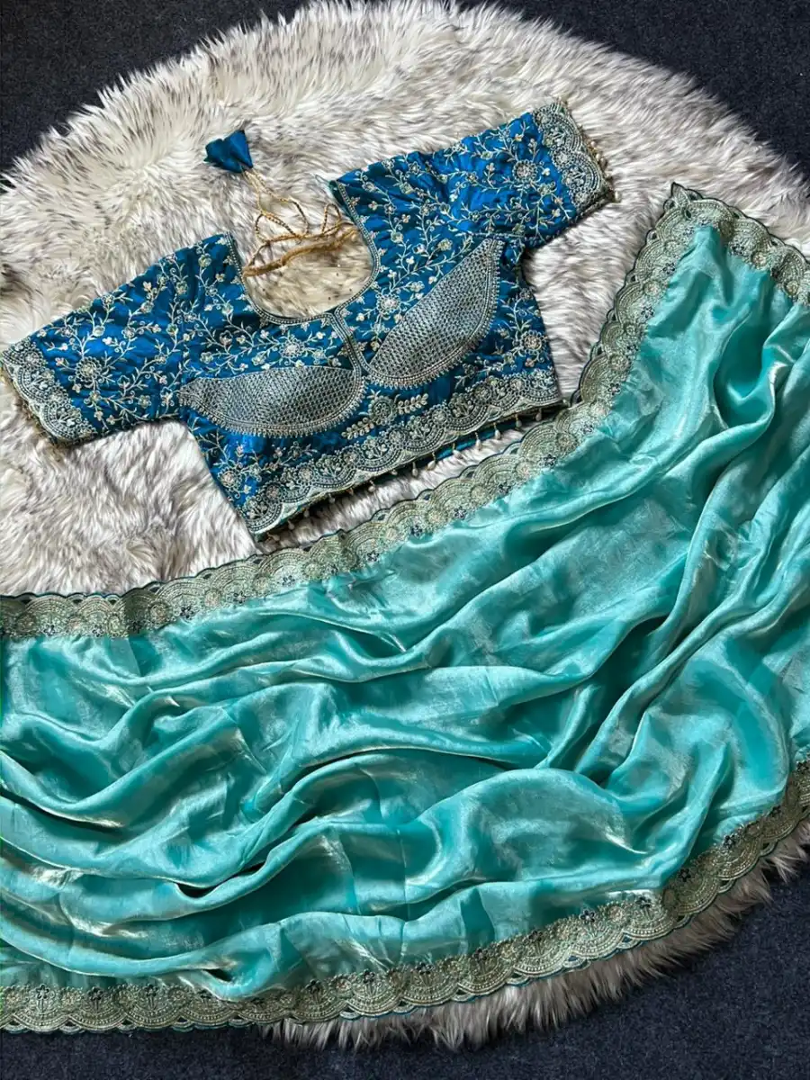 DESIGNER SPACE SILK EMBROIDERY THREAD WORK BORDER SAREE WITH STITCHED BLOUSE WEDDING WEAR WHOLESALE PRICE ETHNIC GARMENT (21)