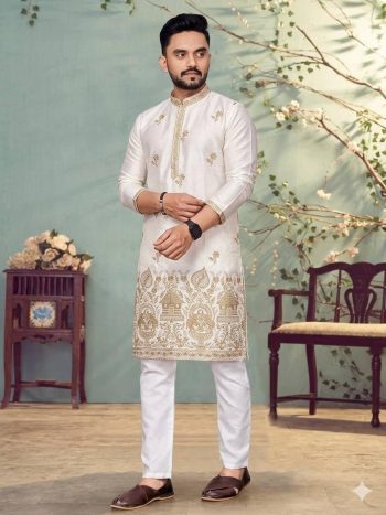 DESIGNER STAR COTTON EMBROIDERY  WORK KURTA PAYJAMA WHITE