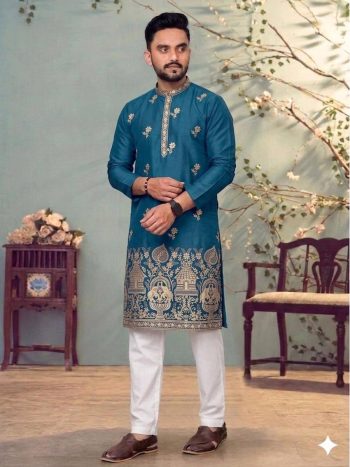 DESIGNER STAR COTTON EMBROIDERY  WORK KURTA PAYJAMA TEAL