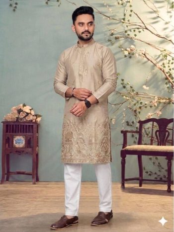 DESIGNER STAR COTTON EMBROIDERY  WORK KURTA PAYJAMA CREAM