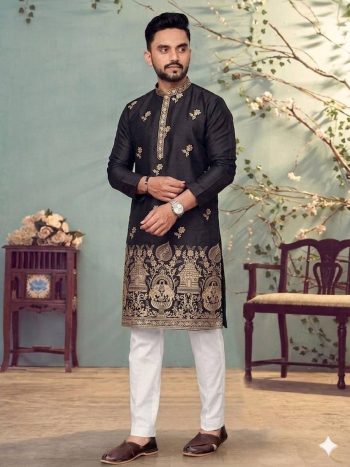DESIGNER STAR COTTON EMBROIDERY  WORK KURTA PAYJAMA BLACK