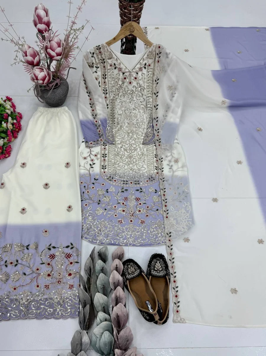 DESIGNER STAR GEORGETTE DUAL TONE PEDING WITH HEAVY EMBROIDERY SEQUENCE WORK TOP PALAZZO WITH DUPATTA FESTIVE WEAR WHOLESALE PRICE ETHNIC GARMENT (1)