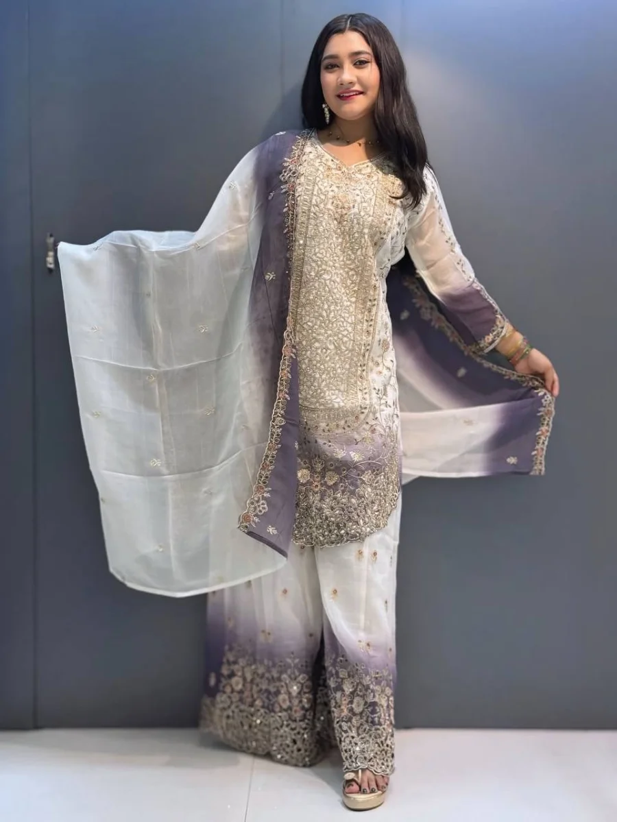 DESIGNER STAR GEORGETTE DUAL TONE PEDING WITH HEAVY EMBROIDERY SEQUENCE WORK TOP PALAZZO WITH DUPATTA FESTIVE WEAR WHOLESALE PRICE ETHNIC GARMENT (3)
