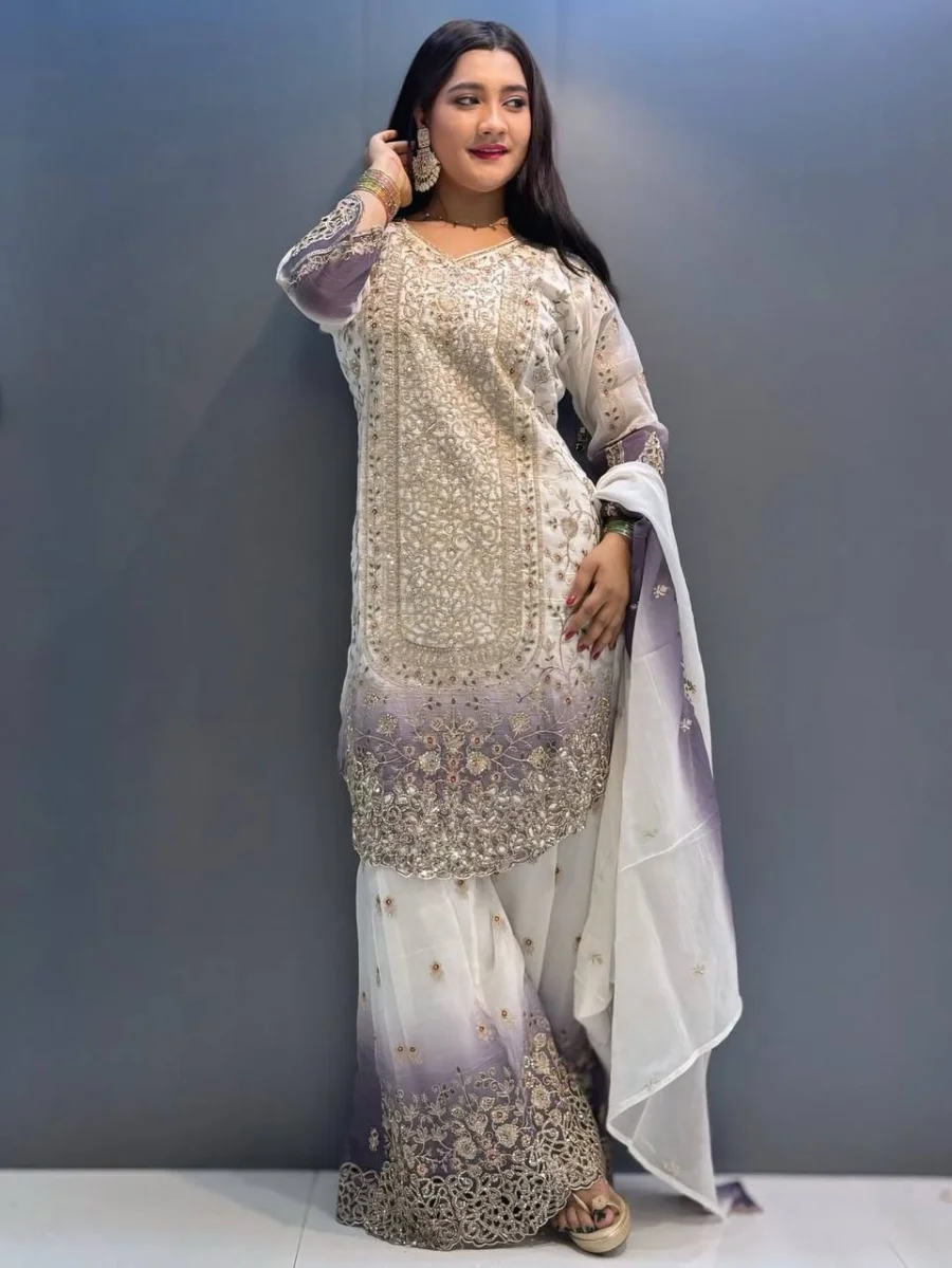 DESIGNER STAR GEORGETTE DUAL TONE PEDING WITH HEAVY EMBROIDERY SEQUENCE WORK TOP PALAZZO WITH DUPATTA FESTIVE WEAR WHOLESALE PRICE ETHNIC GARMENT (4)