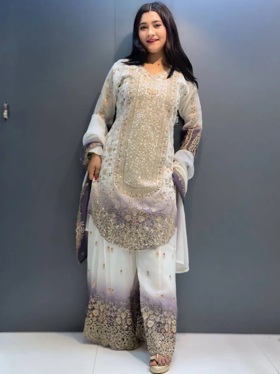 DESIGNER STAR GEORGETTE DUAL TONE PEDING WITH HEAVY EMBROIDERY SEQUENCE WORK TOP PALAZZO WITH DUPATTA FESTIVE WEAR WHOLESALE PRICE ETHNIC GARMENT (5)