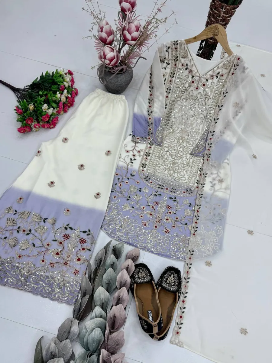 DESIGNER STAR GEORGETTE DUAL TONE PEDING WITH HEAVY EMBROIDERY SEQUENCE WORK TOP PALAZZO WITH DUPATTA FESTIVE WEAR WHOLESALE PRICE ETHNIC GARMENT (6)