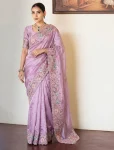DESIGNER TISSUE SILK EMBROIDERY WITH CUTWORK SAREE WITH UNSTITCHED BLOUSE LAVENDER