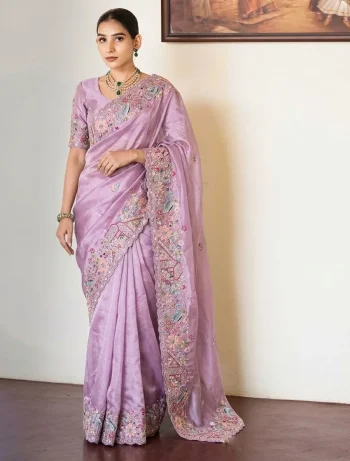 DESIGNER TISSUE SILK EMBROIDERY WITH CUTWORK SAREE WITH UNSTITCHED BLOUSE LAVENDER