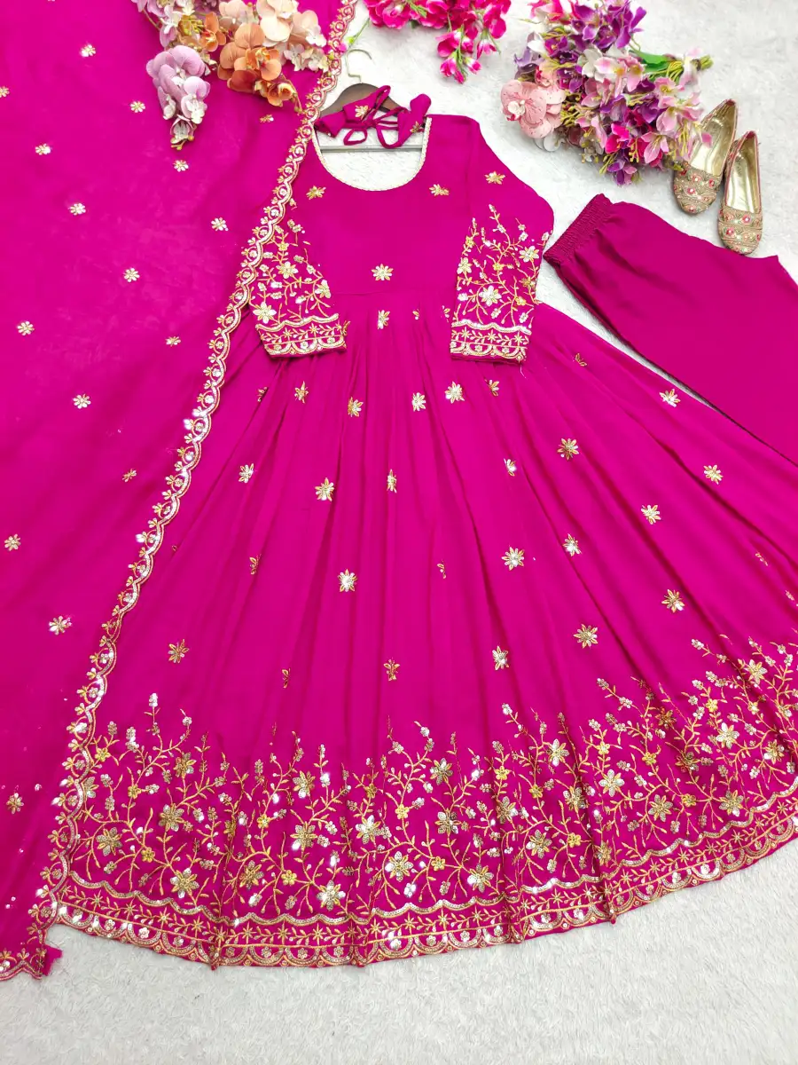DESIGNER VICHITRA SILK EMBROIDERY 5 MM SEQUENCE WORK GOWN BOTTOM WITH DUPATTA WEDDING WEAR WHOLESALE PRICE ETHNIC GARMENT (1)