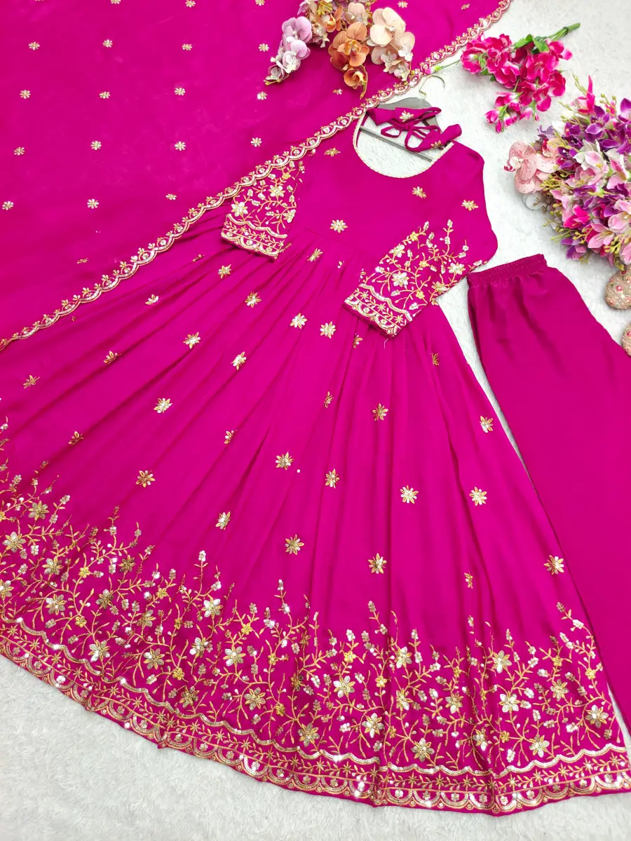 DESIGNER VICHITRA SILK EMBROIDERY 5 MM SEQUENCE WORK GOWN BOTTOM WITH DUPATTA WEDDING WEAR WHOLESALE PRICE ETHNIC GARMENT (12)