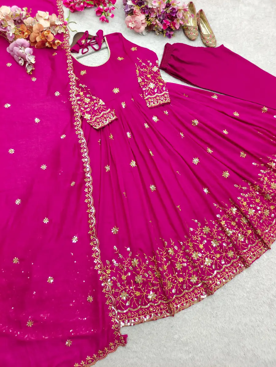 DESIGNER VICHITRA SILK EMBROIDERY 5 MM SEQUENCE WORK GOWN BOTTOM WITH DUPATTA WEDDING WEAR WHOLESALE PRICE ETHNIC GARMENT (14)