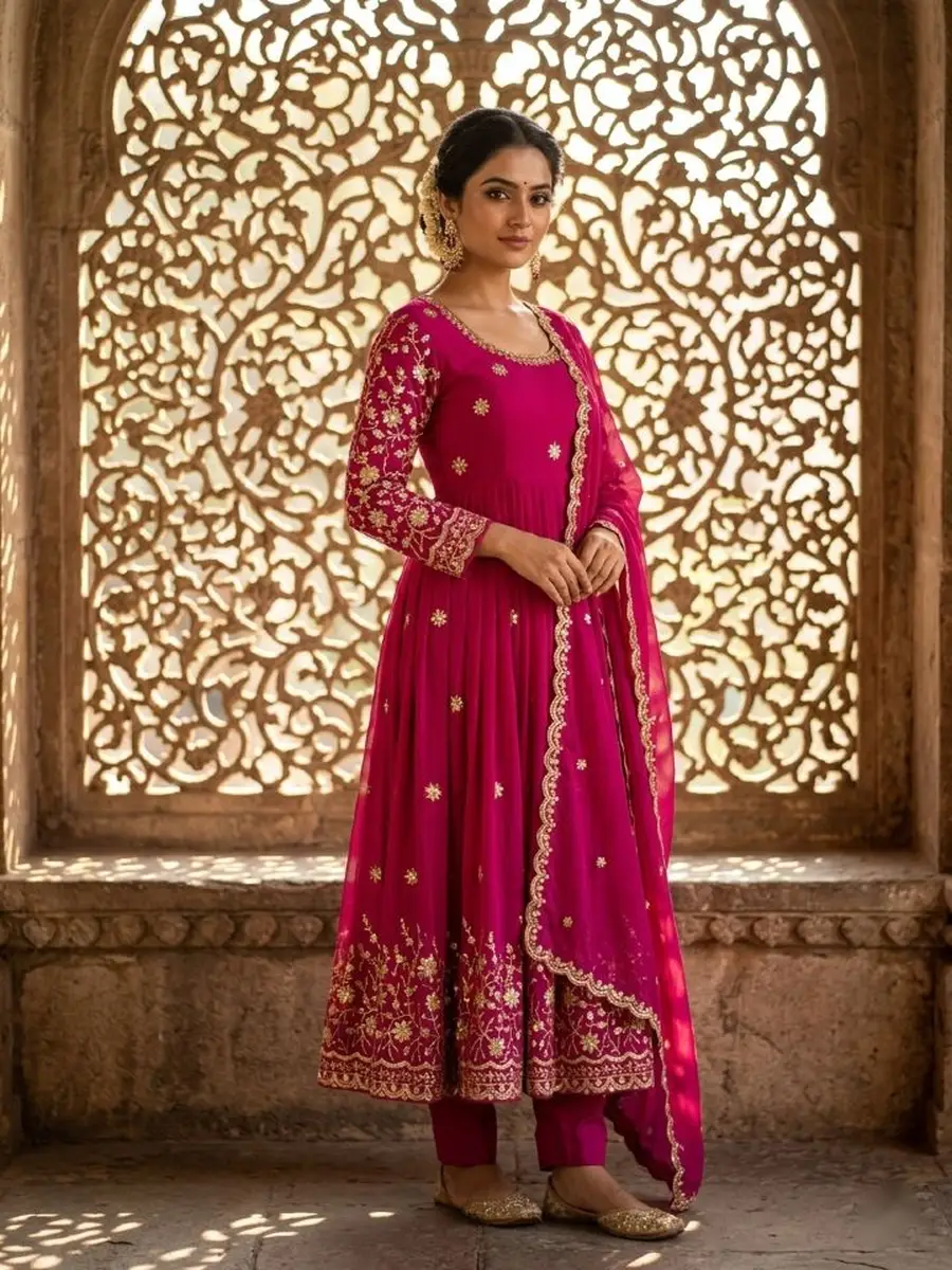 DESIGNER VICHITRA SILK EMBROIDERY 5 MM SEQUENCE WORK GOWN BOTTOM WITH DUPATTA WEDDING WEAR WHOLESALE PRICE ETHNIC GARMENT (6)