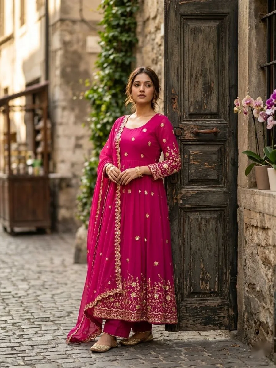 DESIGNER VICHITRA SILK EMBROIDERY 5 MM SEQUENCE WORK GOWN BOTTOM WITH DUPATTA WEDDING WEAR WHOLESALE PRICE ETHNIC GARMENT (8)