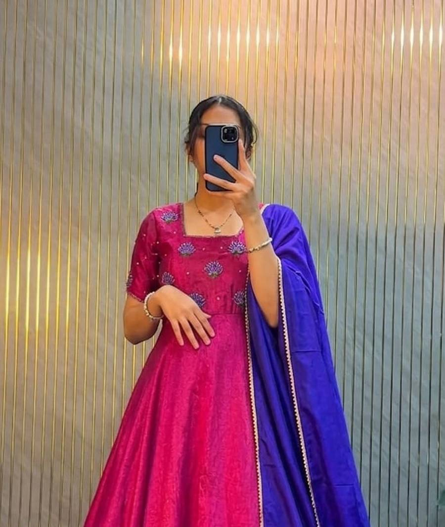 DESIGNER VICHITRA SILK MAGGAM HAND WORK GOWN WITH DUPATTA FESTIVE WEAR WHOLESALE PRICE ETHNIC GARMENT (2)