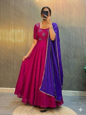 DESIGNER VICHITRA SILK MAGGAM HAND WORK GOWN WITH DUPATTA PINK