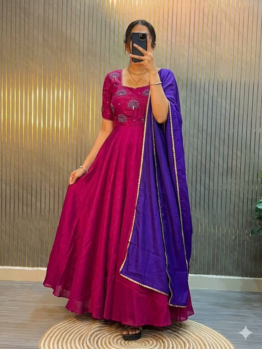 DESIGNER VICHITRA SILK MAGGAM HAND WORK GOWN WITH DUPATTA FESTIVE WEAR WHOLESALE PRICE ETHNIC GARMENT (3)