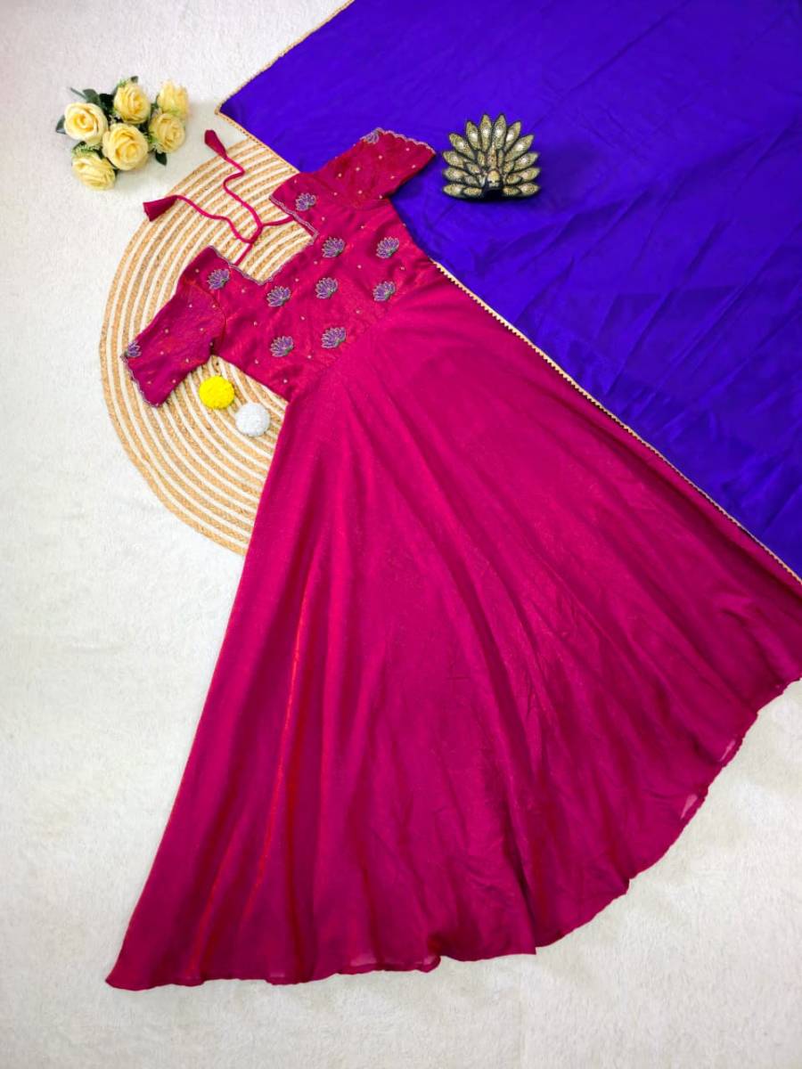DESIGNER VICHITRA SILK MAGGAM HAND WORK GOWN WITH DUPATTA FESTIVE WEAR WHOLESALE PRICE ETHNIC GARMENT (4)