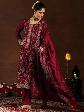 DESIGNER VICHITRA SILK SEQUENCE EMBROIDERY WORK TOP BOTTOM WITH DUPATTA MAROON