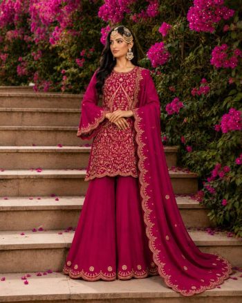 DESIGNER VICHITRA SILK SEQUENCE & ZARI & THREAD EMBROIDERY WORK TOP PALAZZO WITH DUPATTA RANI