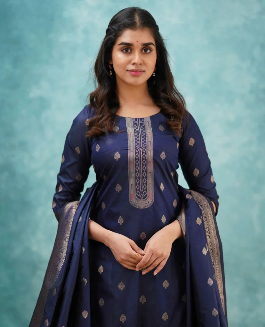 FANCY ART SILK WOVEN WORK TOP BOTTOM WITH DUPATTA FESTIVE WEAR WHOLESALE PRICE ETHNIC GARMENT (2)