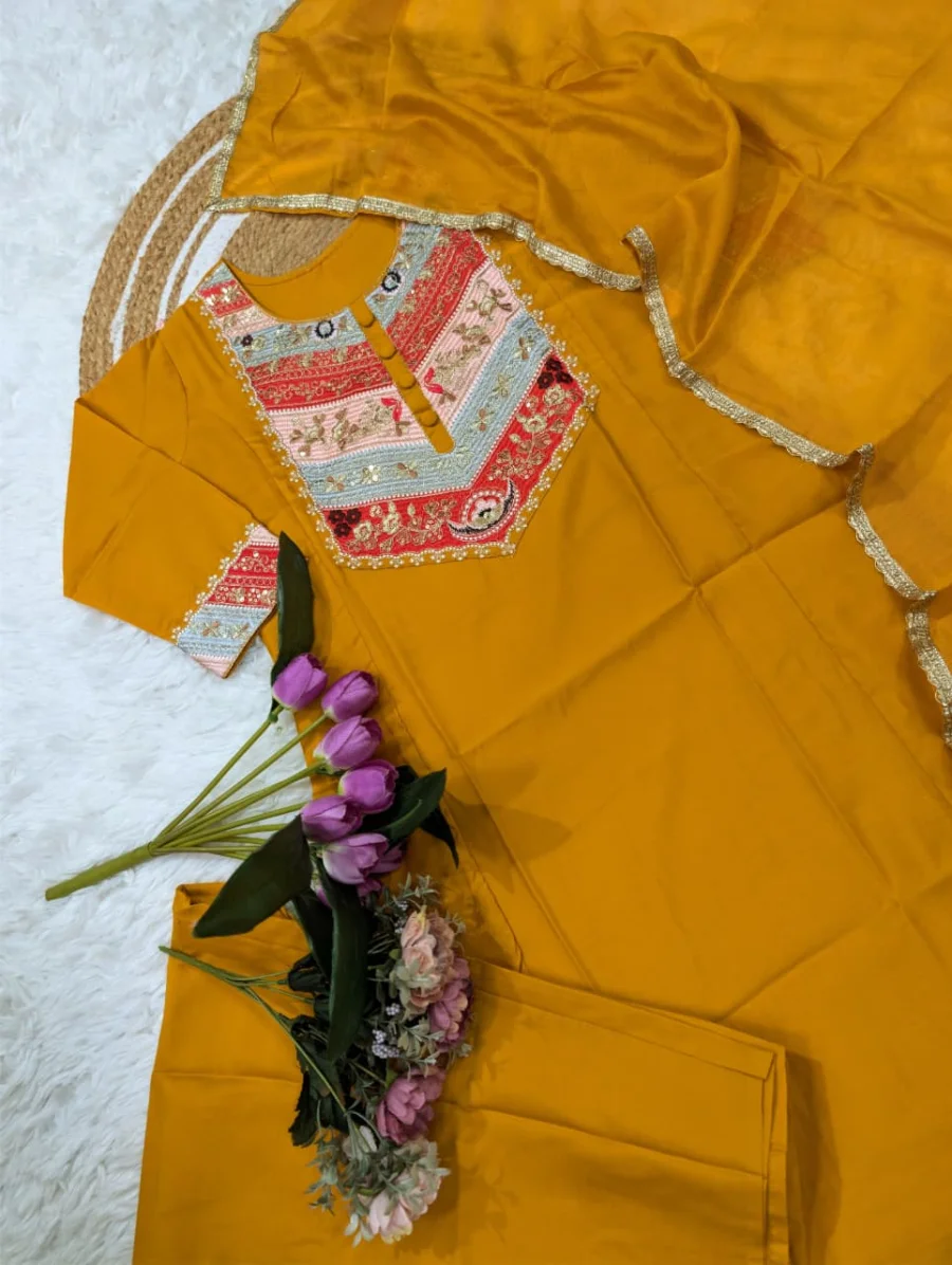 FANCY CHANDERI SEQUENCE CODING EMBROIDERY WORK TOP BOTTOM WITH DUPATTA FESTIVE WEAR WHOLESALE PRICE ETHNIC GARMENT (1)