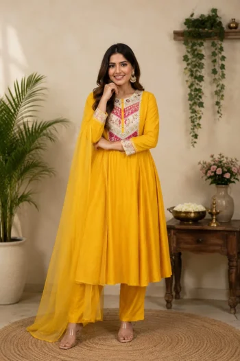 FANCY CHANDERI SEQUENCE CODING EMBROIDERY WORK TOP BOTTOM WITH DUPATTA YELLOW