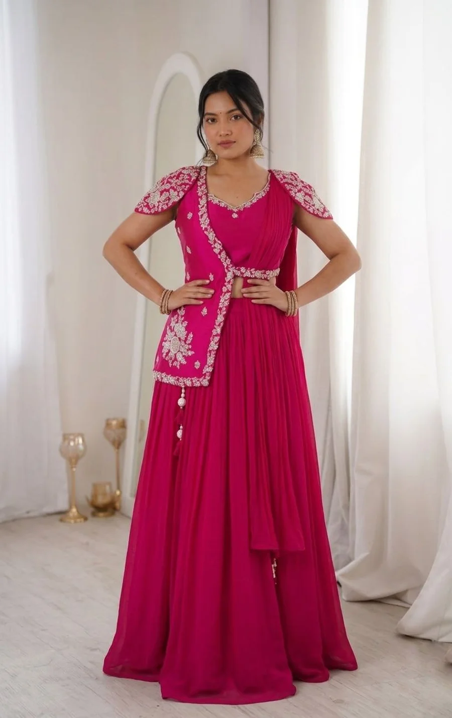 FANCY CHINON PLAIN LEHENGA WITH EMBROIDERY SEQUENCE WORK BLOUSE WITH JACKET PARTY WEAR WHOLESALE PRICE ETHNIC GARMENT (2)