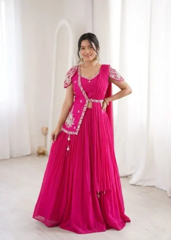 FANCY CHINON PLAIN LEHENGA WITH EMBROIDERY SEQUENCE WORK  BLOUSE WITH JACKET RANI